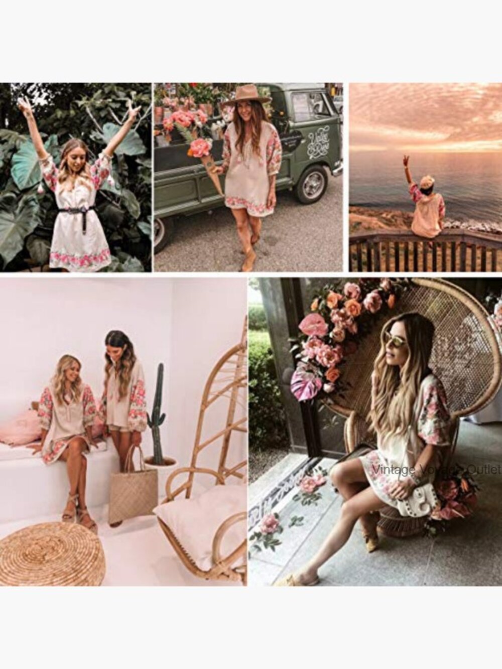 Cotton Mini Dress with Floral Embroidery 3/4 Sleeve Loose Fit - Picture 7 of 7